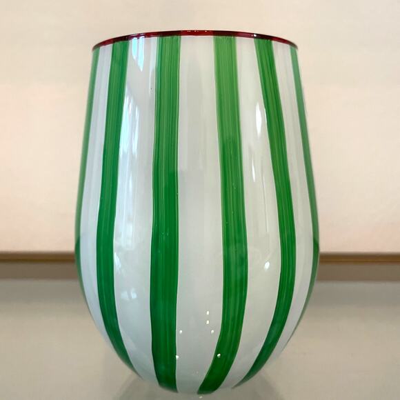 Cabana Green Striped Stemless Wine Glasses 17oz Set of 2 Holiday BarwareNEW - Picture 4 of 12